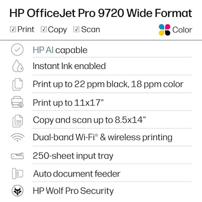 HP OfficeJet Pro 9720 Wide Format All-in-One Printer ADF Duplex Print Scan Copy