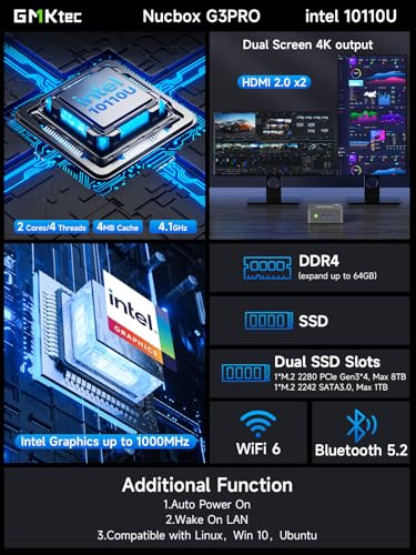 GMKtec G3 Pro Mini PC, Intel Core i3-10110U, 16GB DDR4, 512GB SSD, Dual HDMI, 4K, USB 3.2, WiFi 6, BT5.2