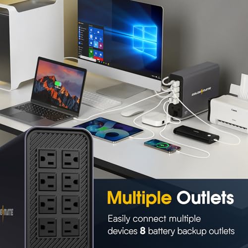 GOLDENMATE 1000VA/600W Lithium UPS Battery Backup, Pure Sine Wave System, LiFePO4 Battery with 8 NEMA Outlets, USB Communication, LCD Display, Gray