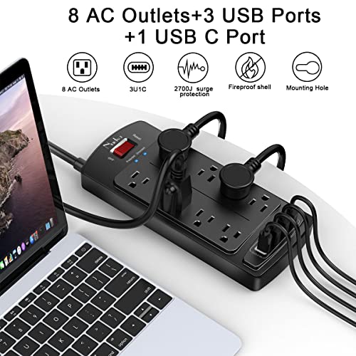 Nuetsa Power Strip HC29U56 8 Outlets 4 USB Ports 125V 13A Rectangle Black Surge Protector