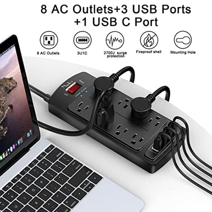 Nuetsa Power Strip HC29U56 8 Outlets 4 USB Ports 125V 13A Rectangle Black Surge Protector