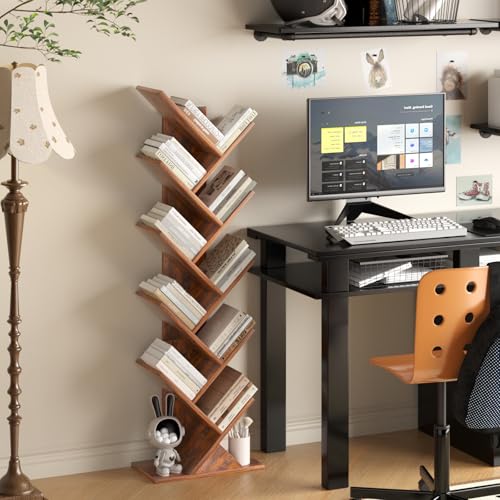 SHEEPAM 10 Tier Tree Book Shelf, Floor Mount, Wood, Unfinished Finish, Freestanding