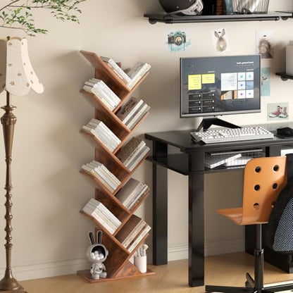 SHEEPAM 10 Tier Tree Book Shelf, Floor Mount, Wood, Unfinished Finish, Freestanding