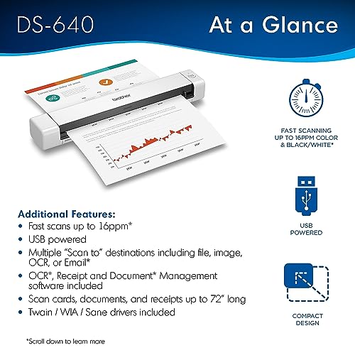 Brother 1.99"D x 11.9"W x 1.45"H Compact DS-640 Mobile Scanner 300 DPI