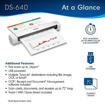 Brother 1.99"D x 11.9"W x 1.45"H Compact DS-640 Mobile Scanner 300 DPI