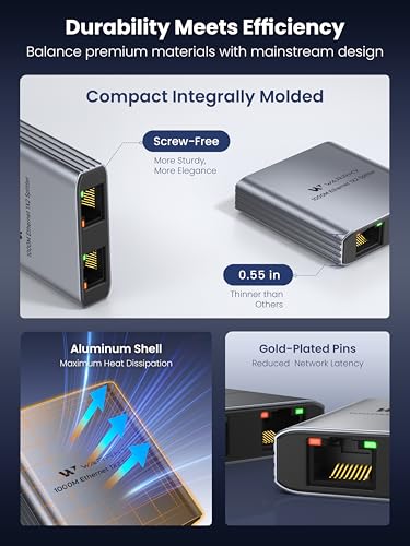 WARRKY 1 to 2 Ethernet Splitter RJ45 1000Mbps Aluminum Case Plug-and-Play