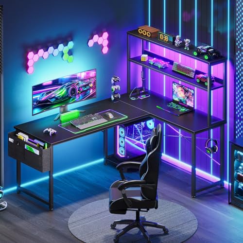 AODK 53 Inch L-Shape Computer Desk with Power Outlet and LED Light Strip, Black