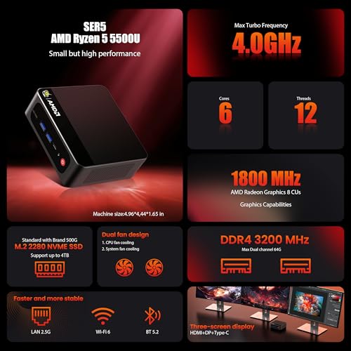 Beelink Mini PC SEI 5500U 4K AMD Ryzen 5 2.1-4.0GHz 16GB DDR4 500GB SSD Mini Computer