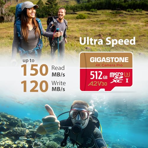 Gigastone 512GB Micro SDXC Card, Model GS-2IN1666XU3V30A1, Read Speed 150MB/s, Write Speed 120MB/s