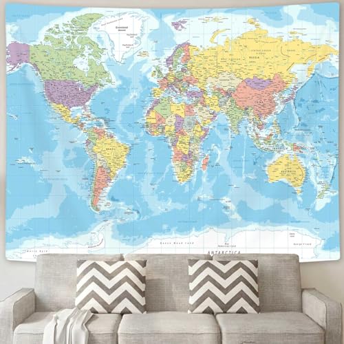 ICTEISOM 60" x 40" Tapestry Wall Hanging, Educational World Map, Fabric, Indoor Use, Rectangular, Unframed, Blue