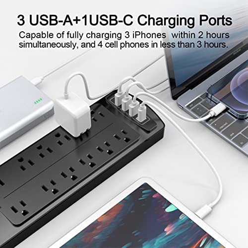 Alestor 6 Feet Power Strip PS951 12 Outlets 4 USB Ports 2700 Joules Surge Protection