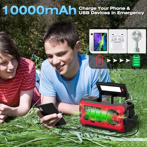 Nitigo 10000mAh Emergency Weather Radio with AM/FM/WB Tuner, NOAA Weather Alerts, Rechargeable Battery, USB/Solar/Hand Crank Charging, LED Flashlight, SOS Alarm, Indoor/Outdoor Use