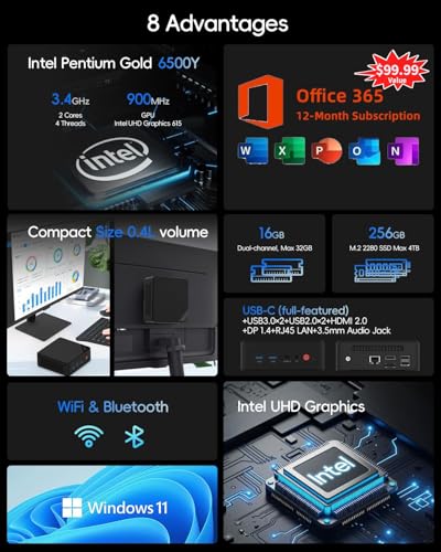 QAZIPO Mini PC JNC15 4K Display Intel Pentium Gold 6500Y 3.4GHz 16GB RAM 256GB SSD Educational Computing System