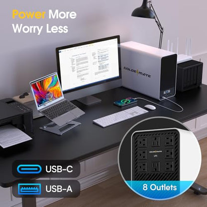 GOLDENMATE 1500VA/1200W Lithium UPS Battery Backup, 8 Outlets, Line Interactive