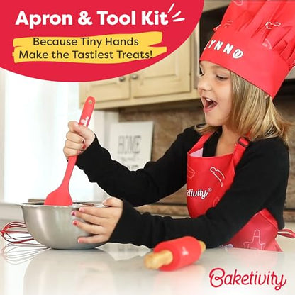 Baketivity Chef Hat and Apron Set for Kids One Size Adjustable Durable Fabric Kitchen Cooking Kit