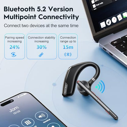 New Bee M51 Bluetooth Headset Wireless Earpiece Charging Case, 500mAh, 80h Playtime, Bluetooth 5.2, Noise Cancelling, Hands-Free