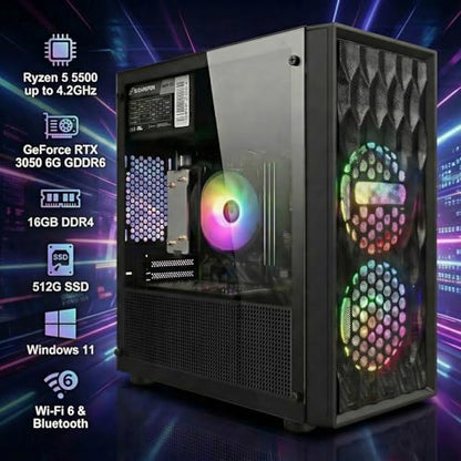 STGAubron Tower Computer ABR1722, AMD Ryzen 5 5500, 3.6GHz Max, GeForce RTX 3050 6G, 16GB DDR4, 512GB SSD, WiFi 6, Bluetooth 5.2, Windows 11 Home