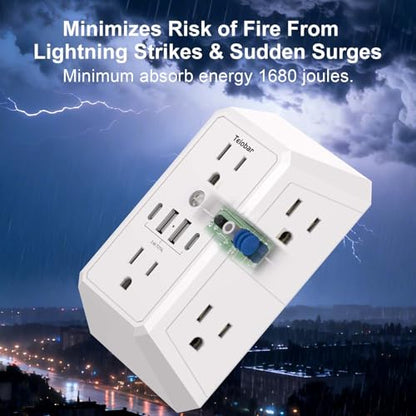 Teiobar Surge Protector 6 Outlets 4 USB Ports 125 Volts 15 Amps 1875 Watts White
