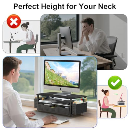 Spacrea 14.2 x 10.2 x 5.9 inches SP-D3-4 Monitor Stand Riser Black Metal and Wood
