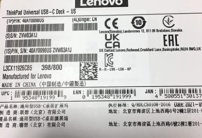 Lenovo 8.27" x 6.22" USB-C Dock 40AY0090, 65 Watts, 2 HDMI Ports, 3 USB Ports, Black