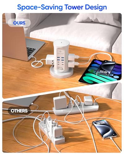 Kakyanill Surge Protector Power Strip Tower 9 AC Outlets 8 USB Ports 6 Ft Retractable Cord