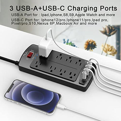 Nuetsa Power Strip HC29U56 8 Outlets 4 USB Ports 125V 13A Rectangle Black Surge Protector