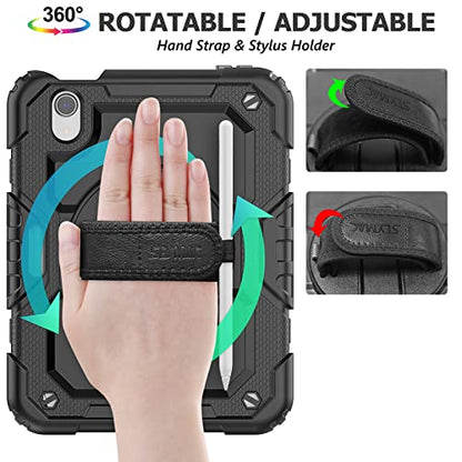 SEYMAC Stock Case for iPad Mini 6/7 2021/2024 with Built-in Screen Protector, 360° Rotating Stand, Black