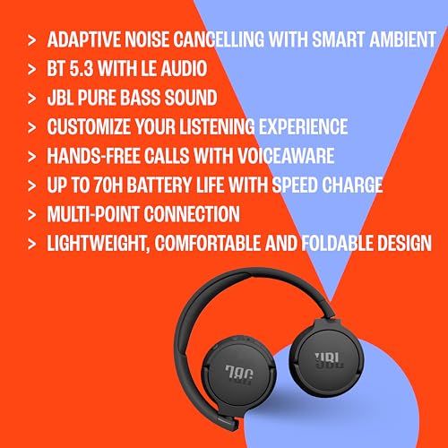 JBL Tune 670NC Wireless On-Ear Headphones Bluetooth 5.3 with Adaptive Noise Cancellation and 70H Battery Life