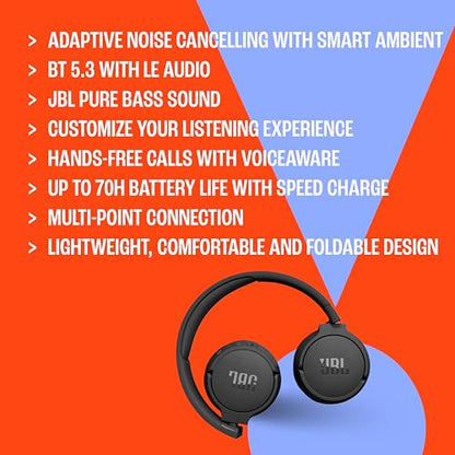JBL Tune 670NC Wireless On-Ear Headphones Bluetooth 5.3 with Adaptive Noise Cancellation and 70H Battery Life