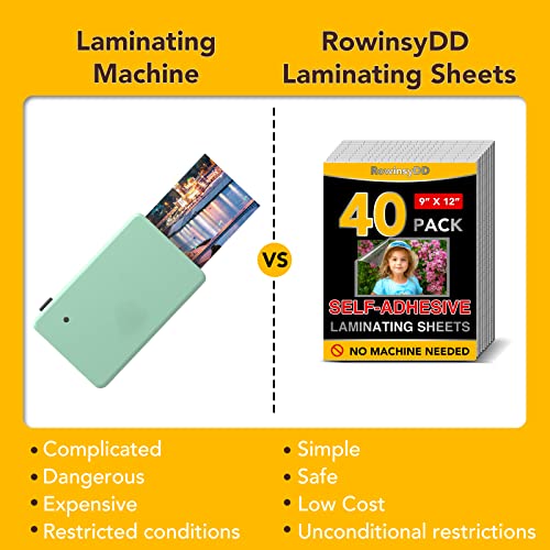 RowinsyDD 9 x 12 Inches FMZ-40P Clear Self-Adhesive Laminating Sheets, 40 PCS