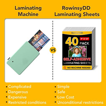 RowinsyDD 9 x 12 Inches FMZ-40P Clear Self-Adhesive Laminating Sheets, 40 PCS