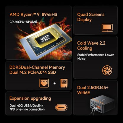 MINISFORUM UM890 Pro Mini PC, AMD Ryzen 9 8945HS (up to 5.2GHz), 32GB DDR5 5600MHz RAM, 1TB PCIe 4.0 SSD, Mini Desktop, Quad Display HDMI/DP1.4/USB-C