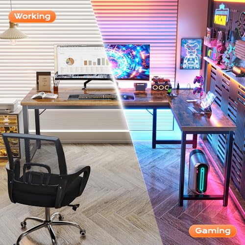 Huuger 63 Inch L-Shaped Computer Desk with Built-In Power Outlets and USB-C Port, Engineered Wood Top, Metal Frame, Rustic Brown