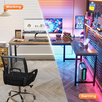 Huuger 63 Inch L-Shaped Computer Desk with Built-In Power Outlets and USB-C Port, Engineered Wood Top, Metal Frame, Rustic Brown