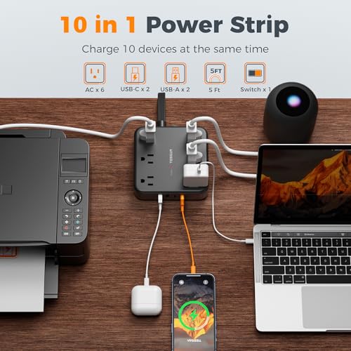TESSAN 5Ft Power Strip with 6 AC Outlets and 3 USB Ports (2 Type-C, 1 Type-A), 125 Volts, 2100 Joules Surge Protection, Flat Plug, Model TS-PS08US00