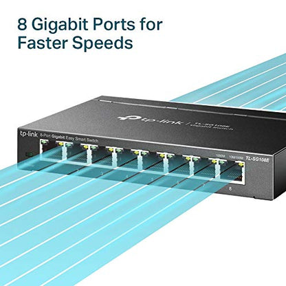 TP-Link 8 Port Gigabit Switch TL-SG108E | 1000 Watts | 9V DC | RJ45 Interface | Up to 40°C | 3 Layers | Black Metal