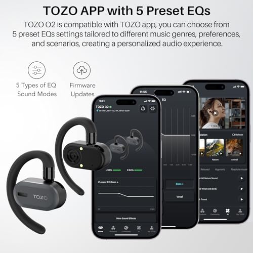 TOZO O2 T13187 Wireless Earbuds Bluetooth 5.3 Open Ear 42 Hours Playtime Noise Cancellation Black
