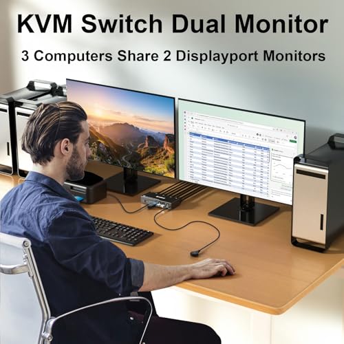 KCEVE KVM Switch 2 Monitors 3 Computers 4K@144Hz DisplayPort USB 3.0 Model KC-302DP-A