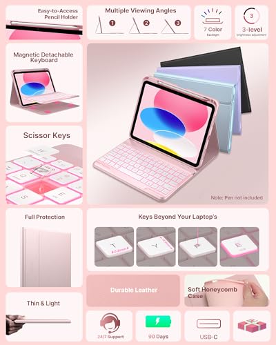 typecase Light Pink Folio Keyboard Case for iPad A16 11" 2025 & 10.9" 10th Gen (Models: A3354/A3355/A3356, A2696/A2757/A2777) Magnetic Wireless Detachable Keyboard, Bluetooth, Battery Powered