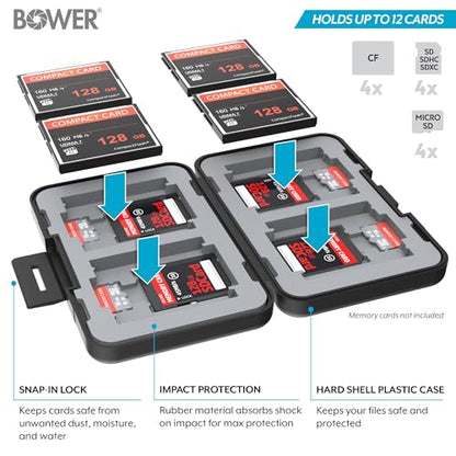 Bower SCS-MW4 Memory Card Case | Water Resistant | 12 Card Capacity | Heavy Duty Protection | Black
