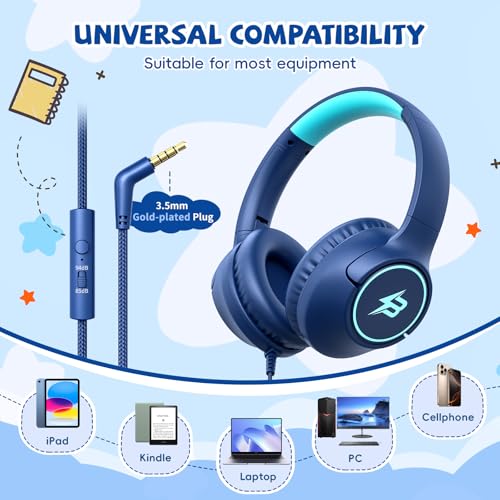 Botesty Sound Ivy Wired Kids Headphones with 3.5mm Jack, 40mm Dynamic Driver, Over-Ear, Noise Isolation, Adjustable Headband, Navy Blue