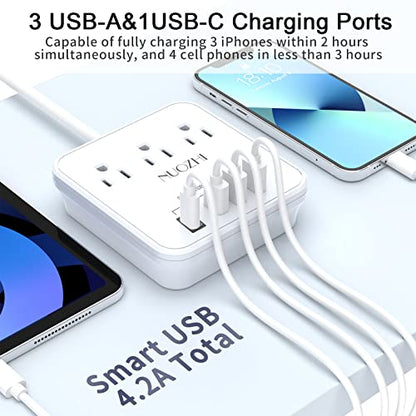 NUOZHI 6 Ft Power Strip Model ZN-703 with 3 AC Outlets and 4 USB Ports