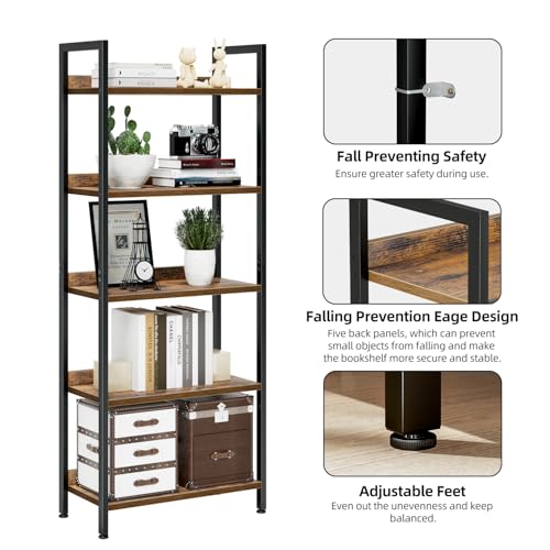 NUMENN 5 Tier Bookshelf Floor Mount Vintage Style Metal and Engineered Wood Bookcase