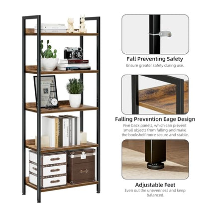NUMENN 5 Tier Bookshelf Floor Mount Vintage Style Metal and Engineered Wood Bookcase