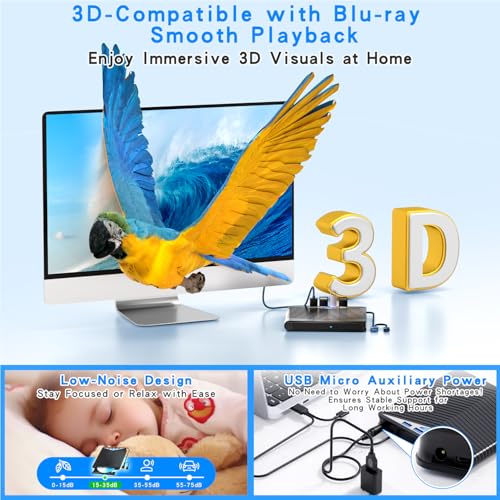 Dainty External Blu-ray Drive 7-in-1 USB 3.0 Type-C Compatible for BD/DVD/CD Read/Write Windows 7-11 Mac OS Black