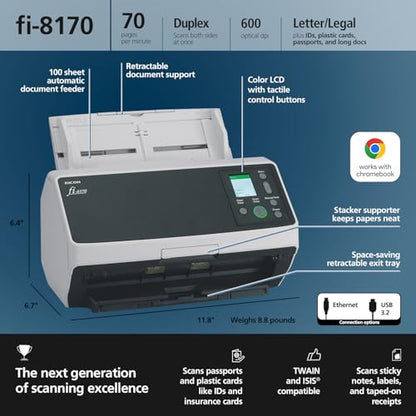 Ricoh 6.4" x 11.8" fi-8170 600 DPI Document Scanner