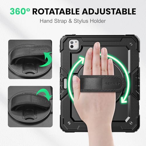 SEYMAC Case for iPad Pro 13 Inch 2024/2025 (Model: A2925/A2926/A3007), Heavy Duty Protective Case with Built-in Screen Protector, Kickstand, Hand/Shoulder Straps