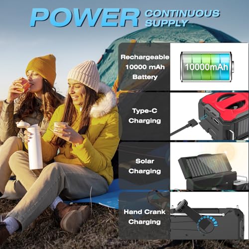 Nitigo 10000mAh Emergency Weather Radio with AM/FM/WB Tuner, NOAA Weather Alerts, Rechargeable Battery, USB/Solar/Hand Crank Charging, LED Flashlight, SOS Alarm, Indoor/Outdoor Use