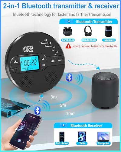 Sunoony Portable CD Player CD-35H Rechargeable Bluetooth AUX Lightweight 2-Channel CD Player