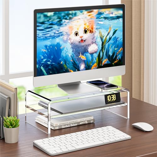 Egchi Clear Acrylic Dual Monitor Stand Riser YKL2 5.12 Inches High for Desktop